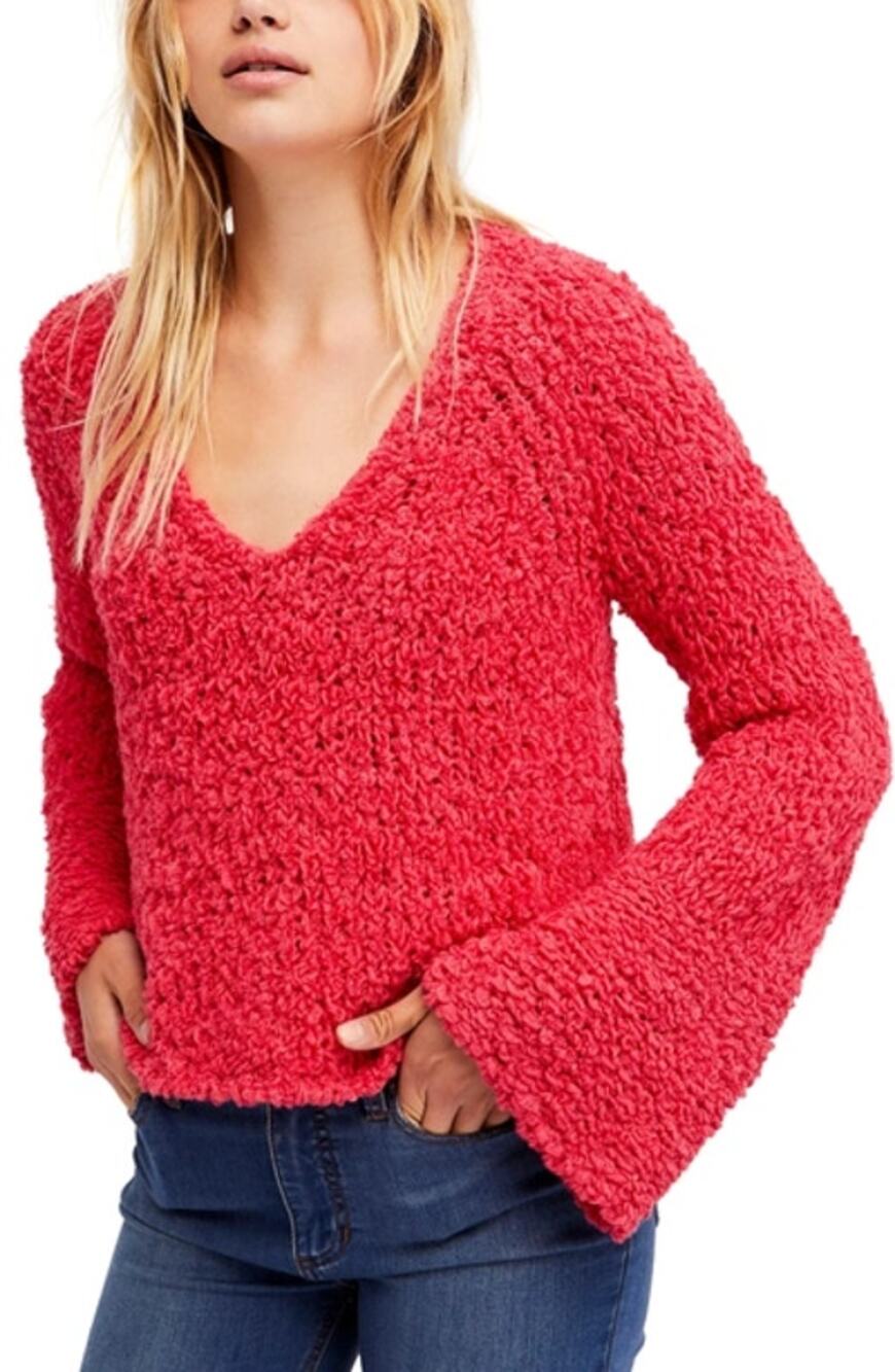 Free People Sand Dune Pullover Coral Pink V-Neck Long Bell Sleeve Fuzzy Sweater
